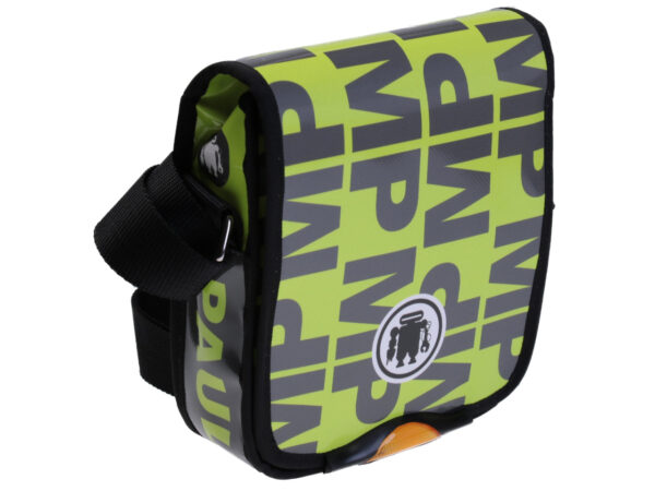 GREEN AND GREY CROSSBODY BAG WITH LETTERING FANTASY. MODEL MIPOK MADE OF LORRY TARPAULIN.