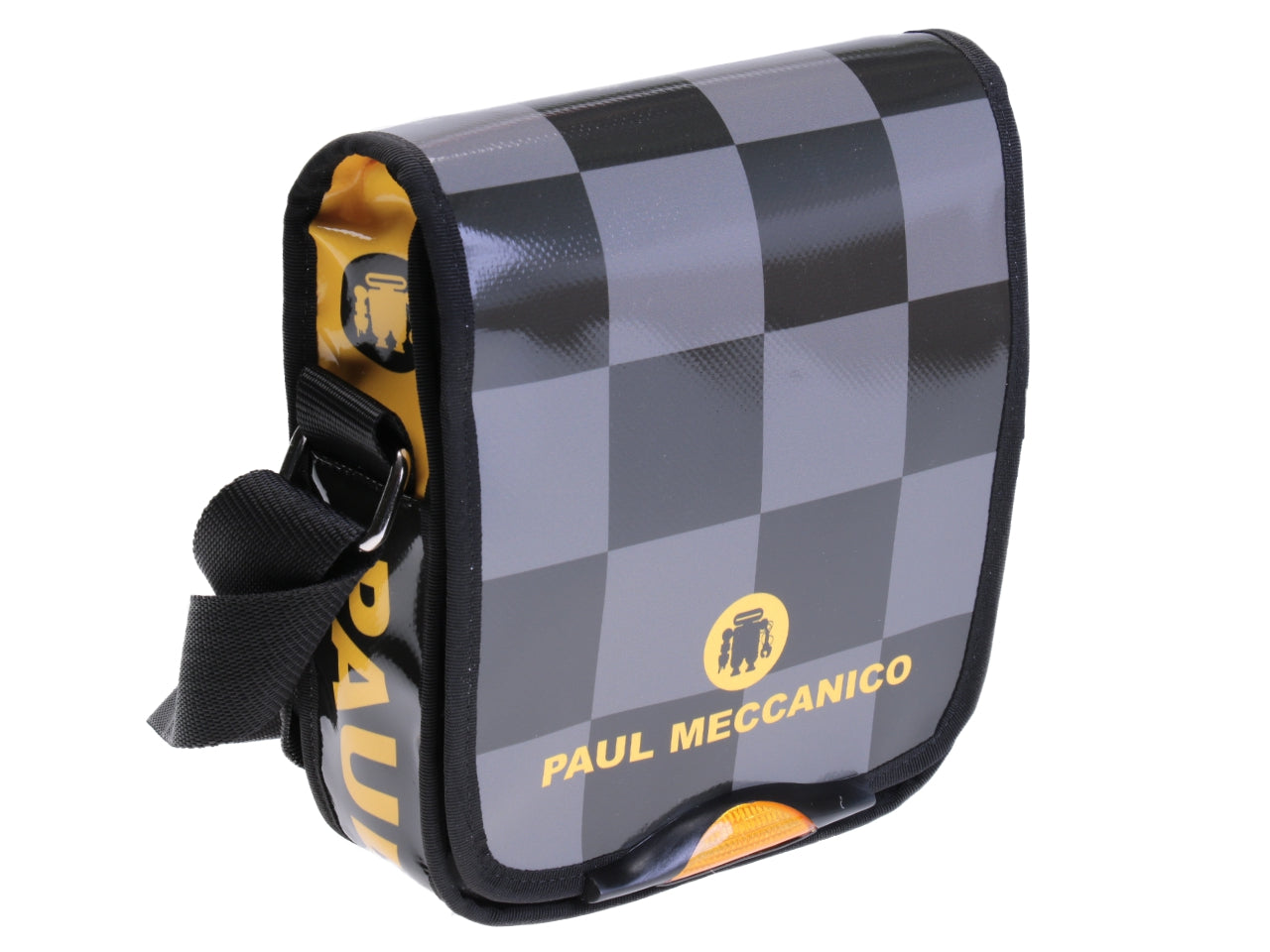 CROSSBODY BAG BLACK FOREST, GREY, YELLOW WITH CHESS FANTASY. MODEL MIPOK MADE OF LORRY TARPAULIN.