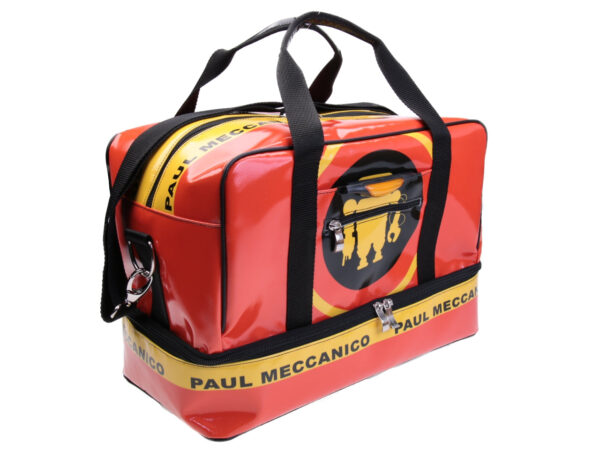 ORANGE AND YELLOW HAND LUGGAGE BAG 40 X 20 X 25 CM. MODEL FLYME MADE OF LORRY TARPAULIN. - Paul Meccanico