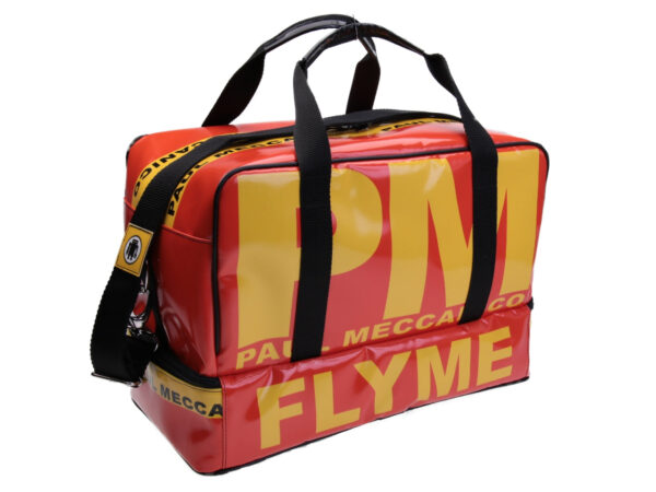 ORANGE AND YELLOW HAND LUGGAGE BAG 40 X 20 X 25 CM. MODEL FLYME MADE OF LORRY TARPAULIN. - Paul Meccanico