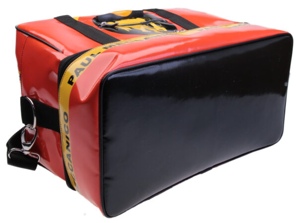 ORANGE AND YELLOW HAND LUGGAGE BAG 40 X 20 X 25 CM. MODEL FLYME MADE OF LORRY TARPAULIN. - Paul Meccanico