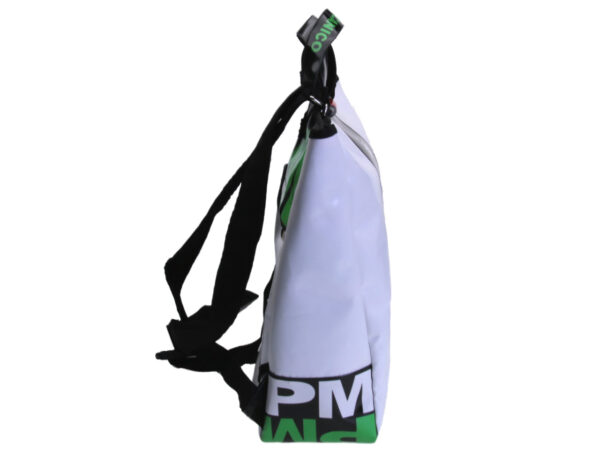 2 IN 1 BRIEFCASE AND BACKPACK IN BLACK AND WHITE. MODEL HYBRID MADE OF LORRY TARPAULIN.