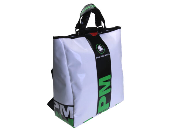 2 IN 1 BRIEFCASE AND BACKPACK IN BLACK AND WHITE. MODEL HYBRID MADE OF LORRY TARPAULIN.