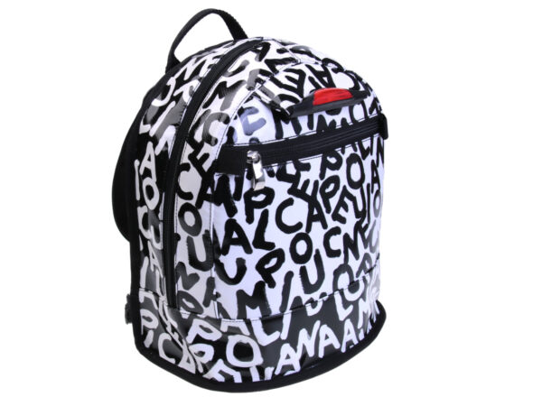 BLACK AND WHITE BACKPACK WITH LETTER FANTASY. MODEL SUPERINO MADE OF LORRY TARPAULIN. - Limited Edition Paul Meccanico