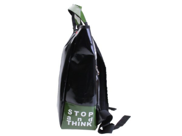 2 IN 1 BRIEFCASE AND BACKPACK BLACK WITH GREEN. MODEL HYBRID MADE OF LORRY TARPAULIN.