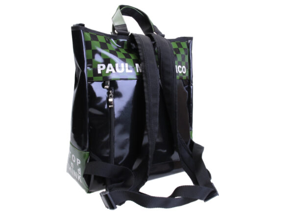2 IN 1 BRIEFCASE AND BACKPACK BLACK WITH GREEN. MODEL HYBRID MADE OF LORRY TARPAULIN.