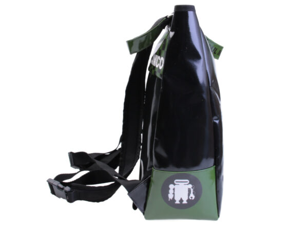2 IN 1 BRIEFCASE AND BACKPACK BLACK WITH GREEN. MODEL HYBRID MADE OF LORRY TARPAULIN.