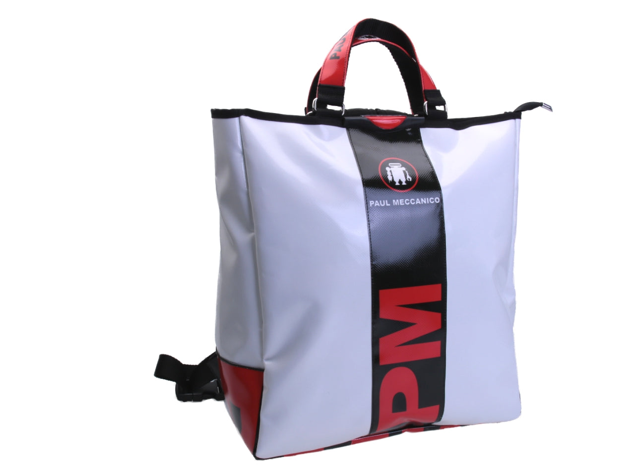 2 IN 1 BRIEFCASE AND BACKPACK WHITE, BLACK, RED. MODEL HYBRID MADE OF LORRY TARPAULIN.