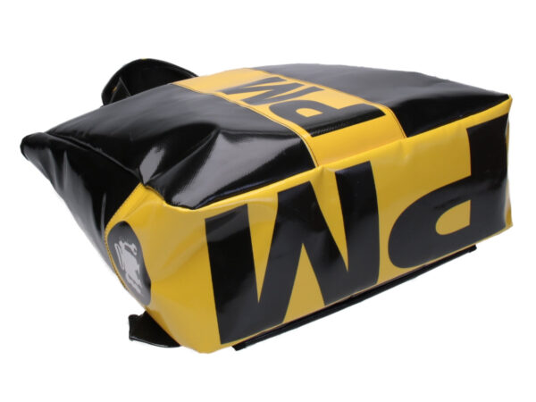 2 IN 1 BRIEFCASE AND BACKPACK BLACK WITH YELLOW. MODEL HYBRID MADE OF LORRY TARPAULIN.