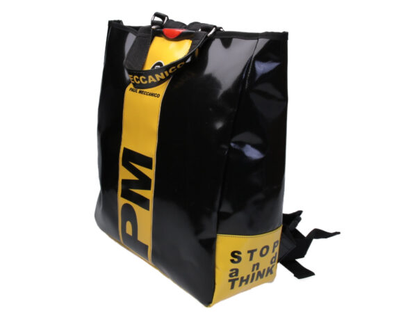 2 IN 1 BRIEFCASE AND BACKPACK BLACK WITH YELLOW. MODEL HYBRID MADE OF LORRY TARPAULIN.