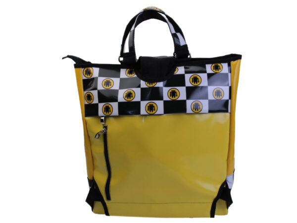 2 IN 1 BRIEFCASE AND BACKPACK IN YELLOW WITH BLACK AND WHITE CHESS FANTASY. MODEL HYBRID MADE OF LORRY TARPAULIN.
