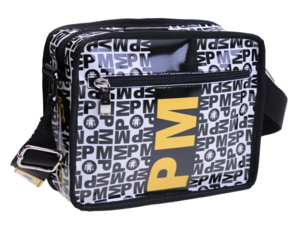 SMALL CROSSBODY BAG BLACK AND WHITE LETTERING FANTASY. MODEL FRIK MADE OF LORRY TARPAULIN. - Limited Edition Paul Meccanico