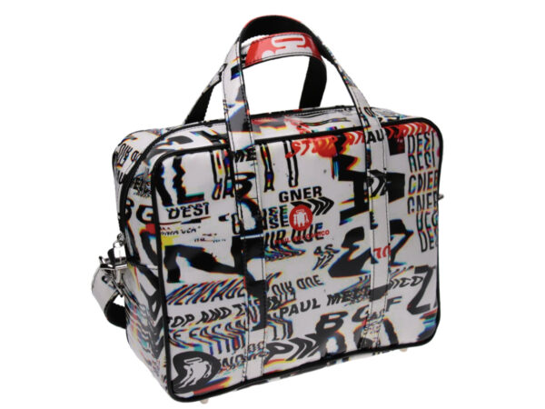 RECTANGULAR WOMEN'S BAG WHITE WITH "NO SIGNAL" EFFECT. MODEL PINCA MADE OF LORRY TARPAULIN. - Unique Pieces Paul Meccanico
