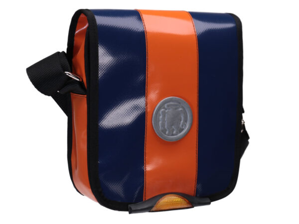CROSSBODY BAG BLUE ORANGE COLOURS WITH METALLIC LOGO. MODEL MIPOK MADE OF LORRY TARPAULIN. - Unique Pieces Paul Meccanico