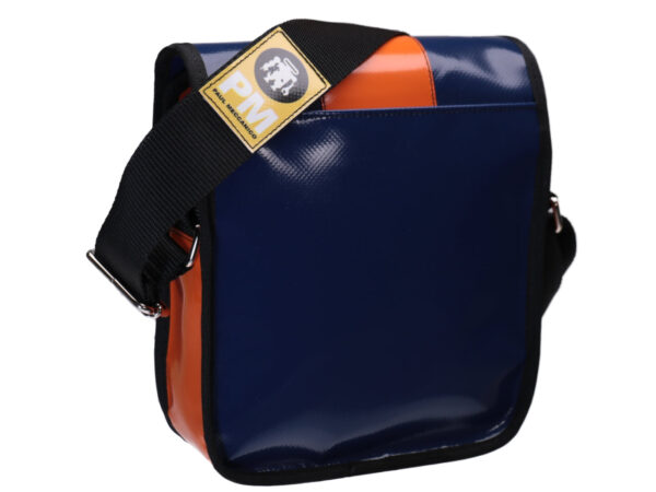 CROSSBODY BAG BLUE ORANGE COLOURS WITH METALLIC LOGO. MODEL MIPOK MADE OF LORRY TARPAULIN. - Unique Pieces Paul Meccanico