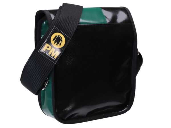 CROSSBODY BAG BLACK GREEN WITH METALLIC LOGO. MODEL MIPOK MADE OF LORRY TARPAULIN. - Unique Pieces Paul Meccanico