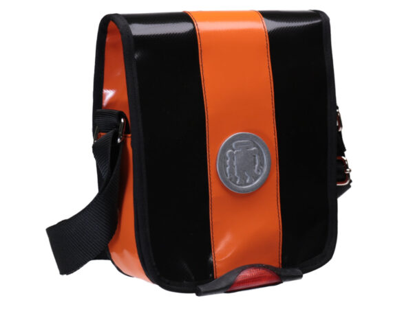 CROSSBODY BAG BLACK ORANGE WITH METALLIC LOGO. MODEL MIPOK MADE OF LORRY TARPAULIN. - Unique Pieces Paul Meccanico
