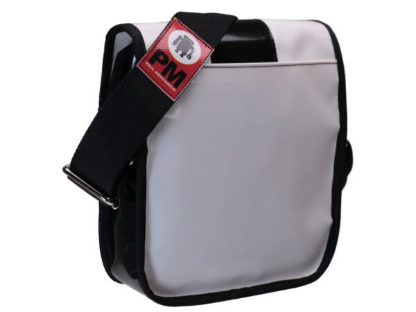 CROSSBODY BAG WHITE BLACK WITH METALLIC LOGO. MODEL MIPOK MADE OF LORRY TARPAULIN. - Unique Pieces Paul Meccanico