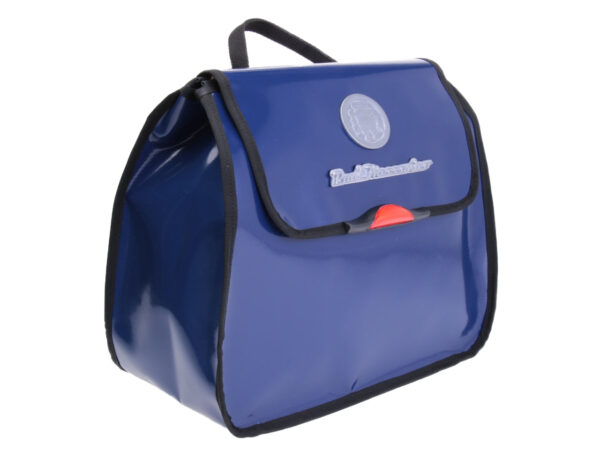 BLUE WOMEN'S "BACK BAG" WITH METALLIC LOGO. MODEL PULP MADE OF LORRY TARPAULIN.