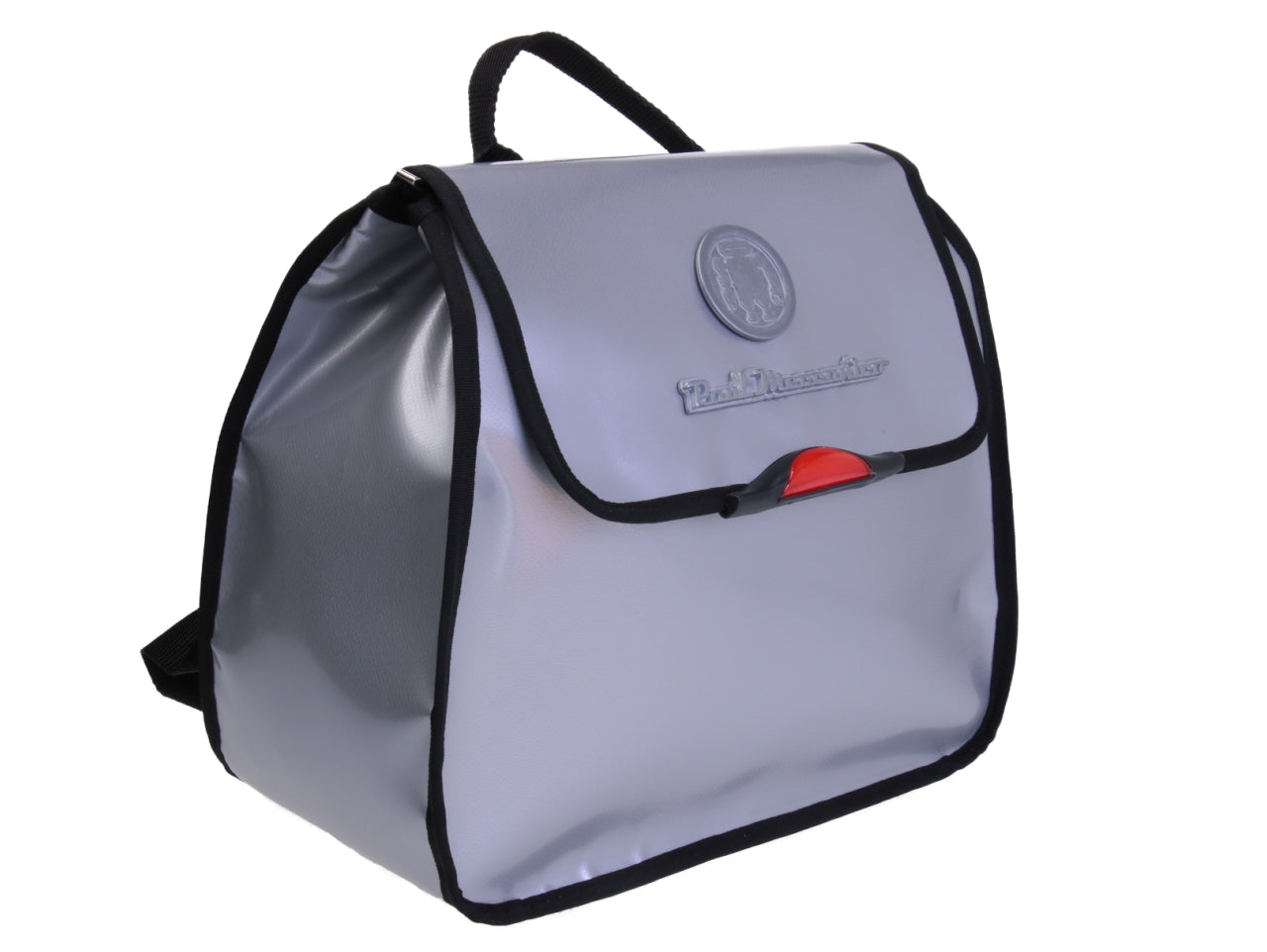SILVER WOMEN'S "BACK BAG" WITH METALLIC LOGO. MODEL PULP MADE OF LORRY TARPAULIN.