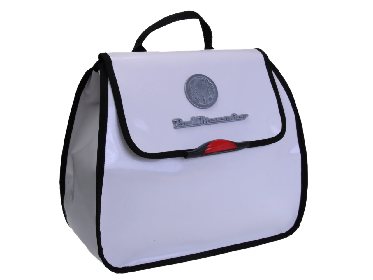 WHITE WOMEN'S "BACK BAG" WITH METALLIC LOGO. MODEL PULP MADE OF LORRY TARPAULIN.
