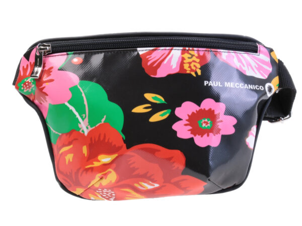 BLACK WAIST BAG FLORAL FANTASY. MODEL FLEX MADE OF LORRY TARPAULIN. - Limited Edition Paul Meccanico