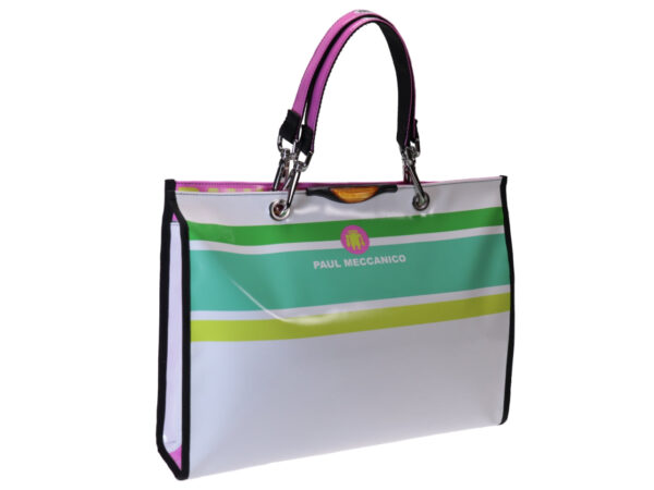 SHOPPER WHITE, GREEN AND FUCHSIA WITH HANDLE AND SHOULDER STRAP. MODEL PEPE MADE OF LORRY TARPAULIN. - Unique Pieces Paul Meccanico