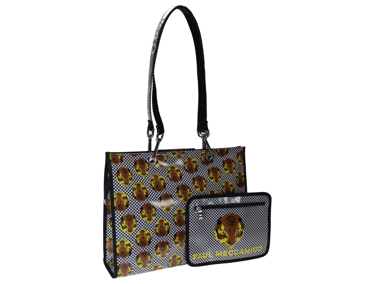 SHOPPER IN BIANCO E NERO CON TIGRI. MODELLO PEPE REALIZZATO CON TELONI DI CAMION. - Pezzi unici Paul Meccanico