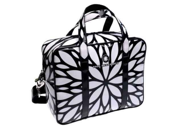RECTANGULAR WOMEN'S BAG BLACK AND WHITE WITH FLORAL FANTASY. MODEL PINCA MADE OF LORRY TARPAULIN. - Unique Pieces Paul Meccanico