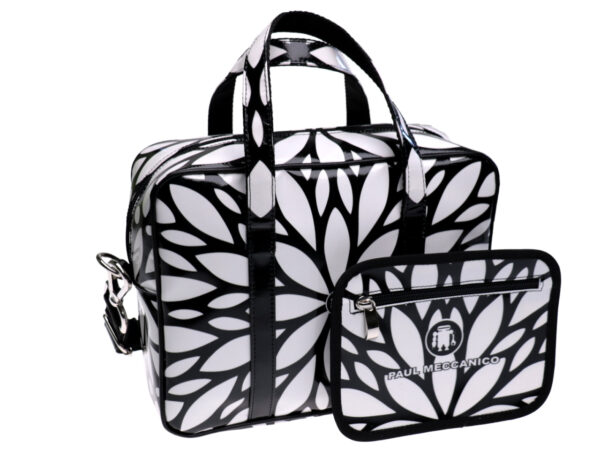 RECTANGULAR WOMEN'S BAG BLACK AND WHITE WITH FLORAL FANTASY. MODEL PINCA MADE OF LORRY TARPAULIN. - Unique Pieces Paul Meccanico