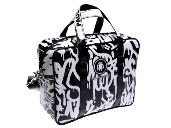 RECTANGULAR WOMEN'S BAG BLACK AND WHITE WITH ABSTRACT FANTASY. MODEL PINCA MADE OF LORRY TARPAULIN. - Unique Pieces Paul Meccanico