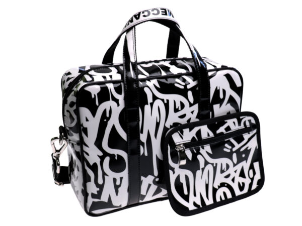 RECTANGULAR WOMEN'S BAG BLACK AND WHITE WITH ABSTRACT FANTASY. MODEL PINCA MADE OF LORRY TARPAULIN. - Unique Pieces Paul Meccanico