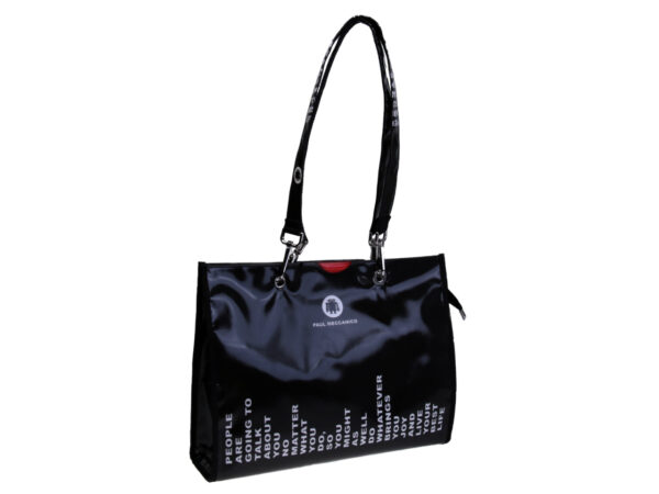 SHOPPER BLACK "WORDS". MODEL PEPE MADE OF LORRY TARPAULIN. - Unique Pieces Paul Meccanico