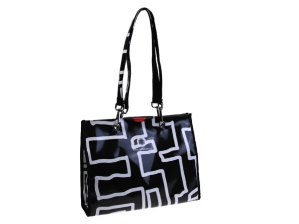 SHOPPER BAG BLACK AND WHITE "LABYRINTH". MODEL PEPE MADE OF LORRY TARPAULIN. - Unique Pieces Paul Meccanico