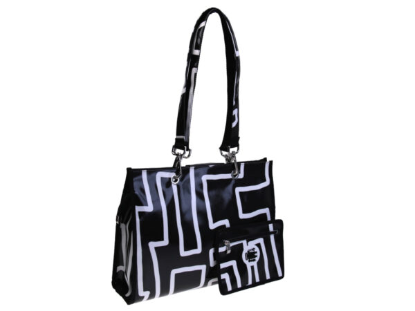 SHOPPER BAG BLACK AND WHITE "LABYRINTH". MODEL PEPE MADE OF LORRY TARPAULIN. - Unique Pieces Paul Meccanico