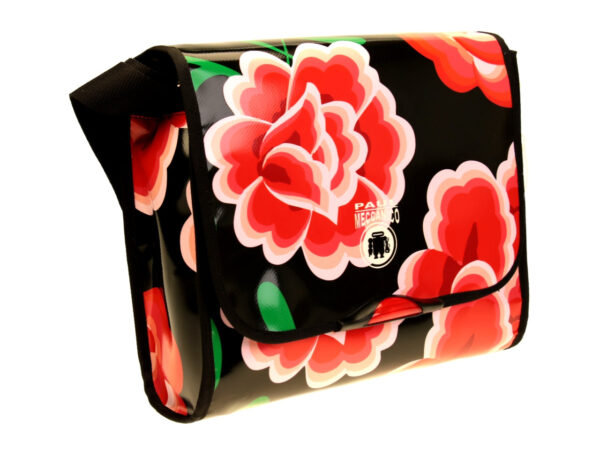 CROSSBODY BAG BLACK WITH FLORAL FANTASY. MODEL BREAK MADE OF LORRY TARPAULIN. - Unique Pieces Paul Meccanico