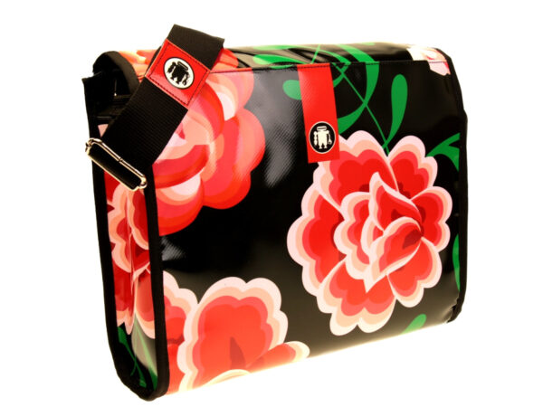 CROSSBODY BAG BLACK WITH FLORAL FANTASY. MODEL BREAK MADE OF LORRY TARPAULIN. - Unique Pieces Paul Meccanico