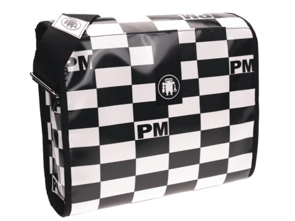 CROSSBODY BAG BLACK AND WHITE RECTANGLES. MODEL BREAK MADE OF LORRY TARPAULIN. - Unique Pieces Paul Meccanico
