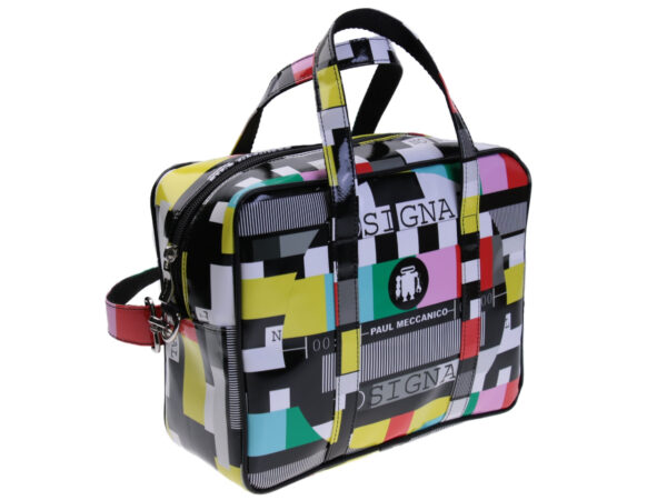 ...RECTANGULAR WOMEN'S BAG MULTICOLOR "NO SIGNAL". MODEL PINCA MADE OF LORRY TARPAULIN. - Unique Pieces Paul Meccanico