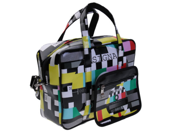 ...RECTANGULAR WOMEN'S BAG MULTICOLOR "NO SIGNAL". MODEL PINCA MADE OF LORRY TARPAULIN. - Unique Pieces Paul Meccanico