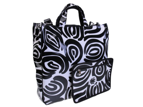 BLACK AND WHITE MAXI TOTE BAG WITH ETHNIC FANTASY. MODEL AIRSTONE MADE OF LORRY TARPAULIN. - Unique Pieces Paul Meccanico