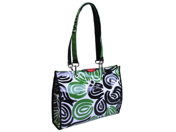 SHOPPER BAG WHITE, GREEN AND BLACK ETHNIC FANTASY. MODEL PEPE MADE OF LORRY TARPAULIN. - Unique Pieces Paul Meccanico