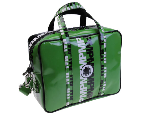 RECTANGULAR WOMEN'S BAG GREEN COLOUR LETTERING FANTASY. MODEL PINCA MADE OF LORRY TARPAULIN. - Unique Pieces Paul Meccanico