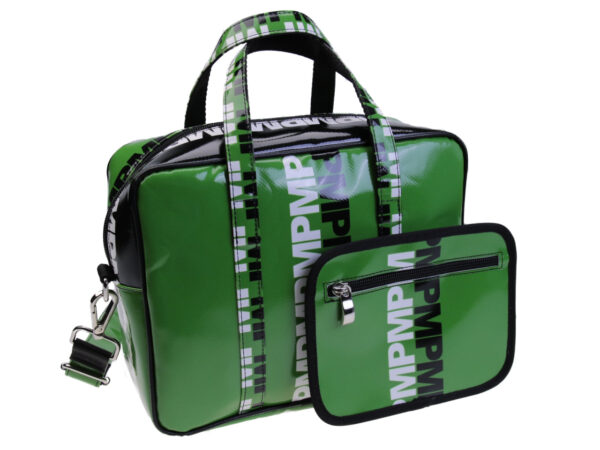 RECTANGULAR WOMEN'S BAG GREEN COLOUR LETTERING FANTASY. MODEL PINCA MADE OF LORRY TARPAULIN. - Unique Pieces Paul Meccanico