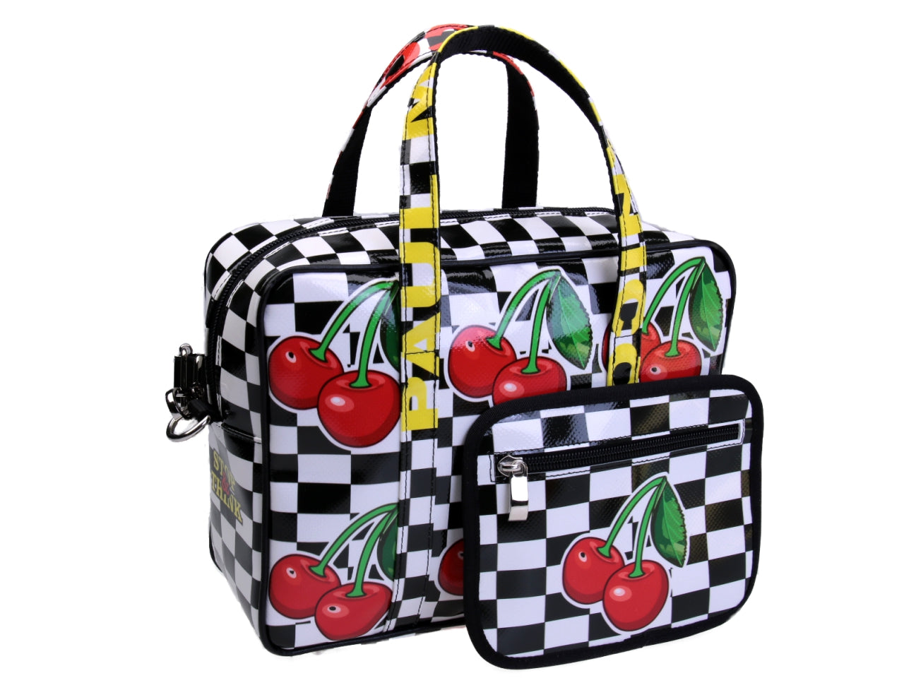 BORSA DA DONNA RETTANGOLARE BIANCA E NERA "CILIEGIE". MODELLO PINCA IN TELONE DI CAMION. - Pezzi unici Paul Meccanico