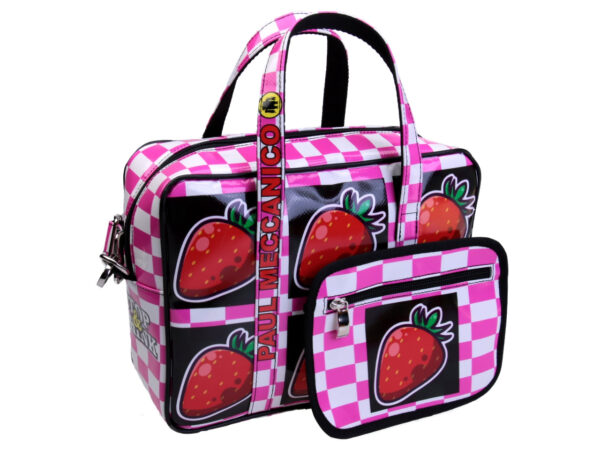FUCHSIA AND WHITE RECTANGULAR WOMEN'S BAG "STRAWBERRIES". MODEL PINCA MADE OF LORRY TARPAULIN. - Unique Pieces Paul Meccanico