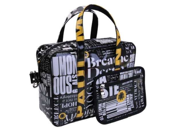 BLACK AND WHITE RECTANGULAR WOMEN'S BAG WITH TEXT FANTASY. MODEL PINCA MADE OF LORRY TARPAULIN. - Unique Pieces Paul Meccanico