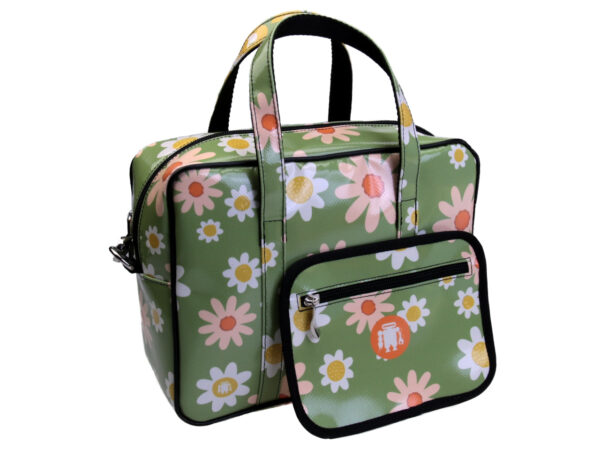 LIGHT GREEN RECTANGULAR WOMEN'S BAG WITH FLORAL FANTASY. MODEL PINCA MADE OF LORRY TARPAULIN. - Unique Pieces Paul Meccanico