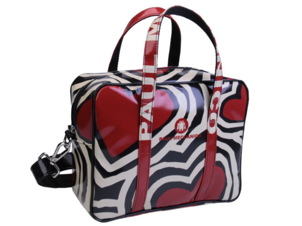 ...BEIGE AND BLACK RECTANGULAR WOMEN'S BAG "HEART". MODEL PINCA MADE OF LORRY TARPAULIN. - Unique Pieces Paul Meccanico