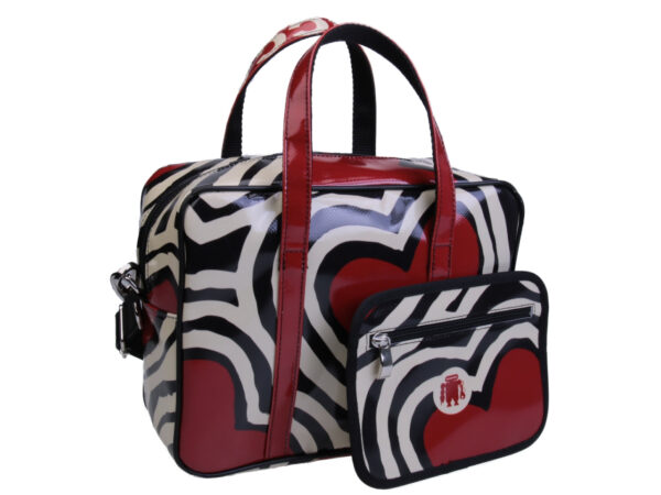 ...BEIGE AND BLACK RECTANGULAR WOMEN'S BAG "HEART". MODEL PINCA MADE OF LORRY TARPAULIN. - Unique Pieces Paul Meccanico